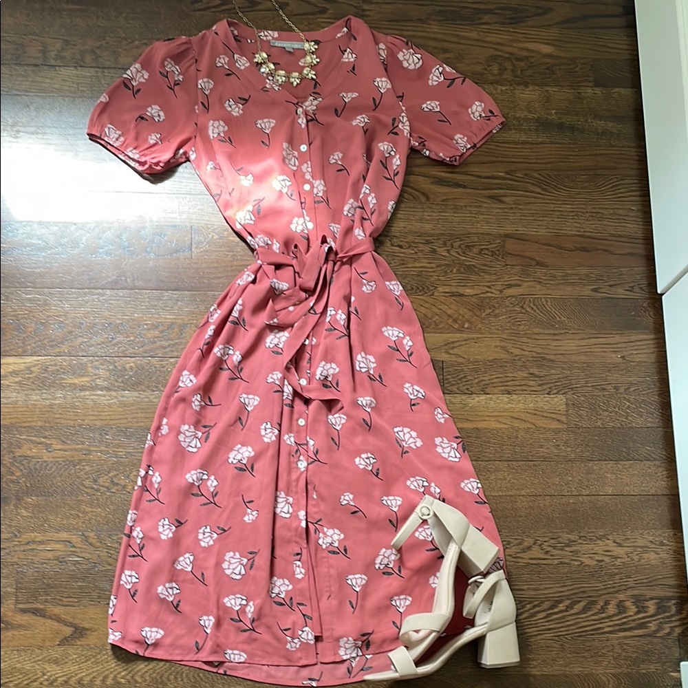 Daniel Rainn Pink Puff Sleeve Wrap Midi Dress